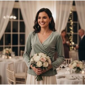 Spartina 449‎ Mint Green Velvet Cassi Wrap Blouse 3/4 Sleeves Womens Size Medium